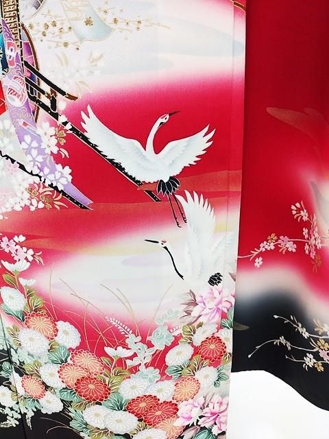 振袖 589 赤 黒 ぼかし グラデーション 御所車 桜 菊 霞 鶴