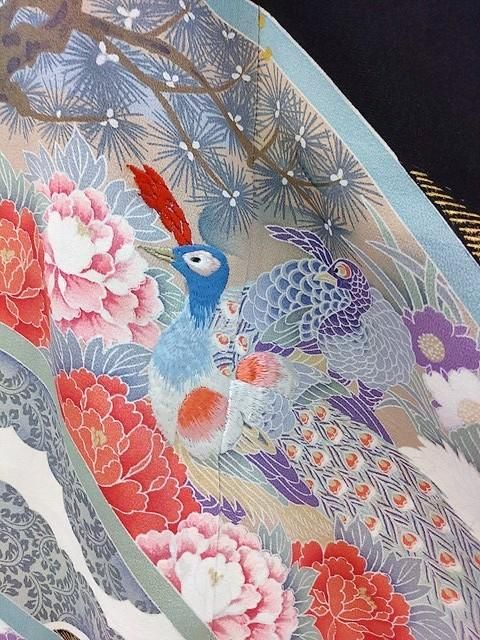 黒留袖 孔雀刺繍 丸に澤瀉紋 Sサイズ 黒留め袖 中古 貸衣装処分