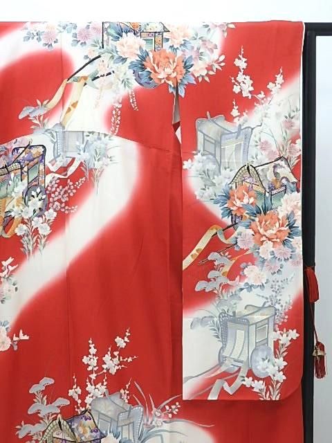 中古 リサイクル 赤 古典柄 御所車 振袖 振り袖 605 二十歳