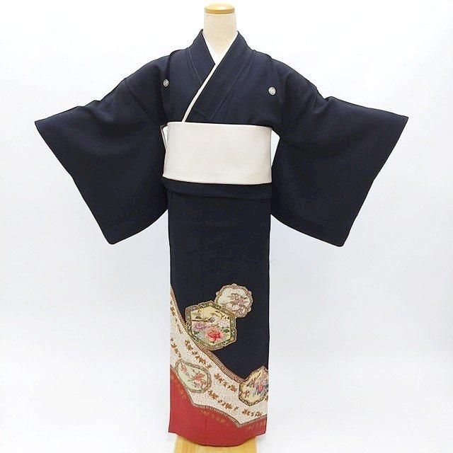 ＊ 市松人形 15号 アンティーク 黒留袖 着物 帯 ＊ 留袖 明治 黒留袖 黒留め袖 M－Lサイズ 50－70歳台 中古 貸衣装処分