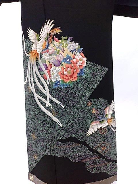 黒留袖 仮絵羽 未仕立て 正絹 シルク M~Lサイズ 鳳凰柄 黒留袖 仮絵羽 未仕立て 正絹 シルク M~Lサイズ 鳳凰柄