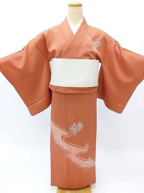 訪問着 赤色 茶色 オレンジ色 絞り S－Mサイズ 中古 貸衣装処分