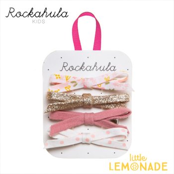【Rockahula Kids】 Bloom Skinny Bow Clips-PINK デザインリボンヘアピン 4個セット ヘアアクセサリー 22SS (H1783P)
