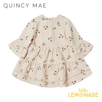 【Quincy Mae】 belle dress | flock 【12-18か月/18-24か月/2-3歳】 ワンピース 長袖 小鳥柄 QM051AAR AW22 YKZ 