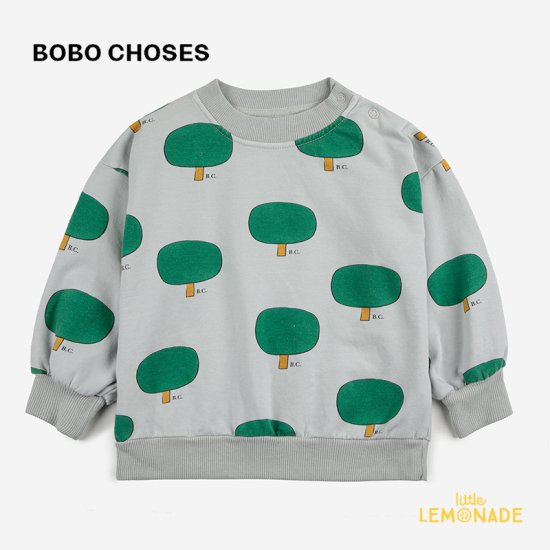 予約販売 【BOBO CHOSES】 Baby Green Tree all over sweatshirt 【12か月 / 24か月】  (223AB028)　長袖 オールオーバー スウェット トレーナー ツリーデザイン ライトグレー 木柄 トップス ベビー服 UP IS DOWN  リトルレモネード