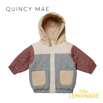【Quincy Mae】 HOODED WOVEN JACKET |  COLOR BLOCK 【12-18か月/18-24か月/2-3歳】 フード付き アウター YKZ AW23 QM444LOCK