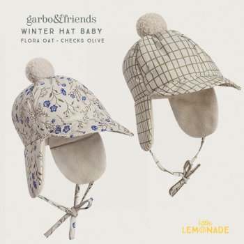 【garbo&friends】 Winter Hat Baby  |  Flora Oat / Checks Olive 【46-48 / 6-12か月】 ポンポン＆耳あて付き ベビーハット AW23
