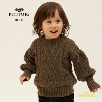 【PETITMIG】 knit T7 【1-2歳/80cm・2-3歳/90cm・3-4歳/100cm】 ニット 深グリーン ケーブル編み  バルーン袖 長袖 プチミグ  AW23YKZ SALE