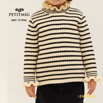 【PETITMIG】 knit T9 frill 【1-2歳/80cm - 4-5歳/110cm】 ニット オフホワイト×ネイビー ボーダー 長袖 プチミグ アパレル AW23YKZ SALE