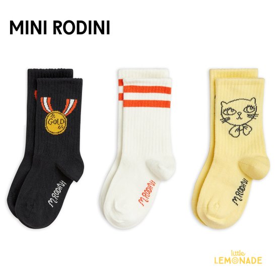 Mini Rodini】MEDAL 3-PACK SOCKS 【20/23(12-14cm)・24/27(14-16cm)・28/31(16-18cm)】  靴下 イラスト ユニーク 3組セット ラインソックス ベビー服 子ども服 輸入アパレル リトルレモネード ミニロディーニ(2426012400)  アパレル YKZ SS24