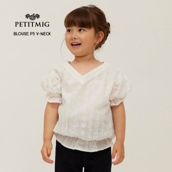 PETITMIG blouse P5 v-neck 1-2/80cm - 4-5/110cmۥ֥饦 ѥե꡼ ۥ磻 ץߥ ѥ Summer SS24 YKZ