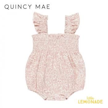 Quincy Mae SMOCKED RUFFLE SLEEVE ROMPER 6-12/12-18/18-24PINK BLOSSOM QM535ARMR SS25 KTZ