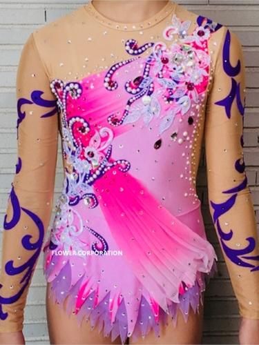 新体操 衣装 レオタード ピンク 緑 まとめ売りバラ売り可 Mashleotard 濃いピンク＋グラデーションに明るめのピンクの立体