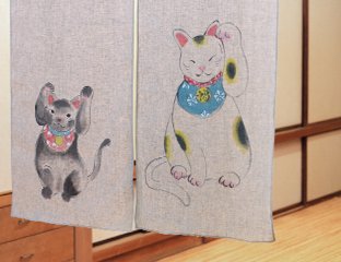 手描きのれん「招き猫と黒猫」:150㎝×90㎝手描きのれん/麻・グレイ