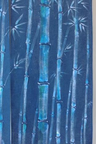 手描きのれん「青竹と霧雨」:150㎝×90㎝手描きのれん/麻・藍