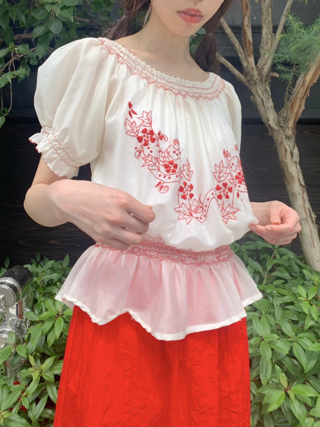 sheer white red embroidery tops