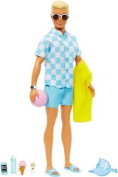 Blonde Ken Doll with Blue Button Down and Swim Trunks, 
Visor, Towel and Beach-Themed Accessories