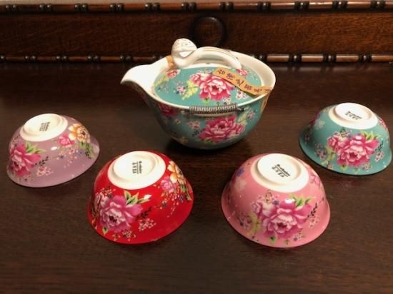 中国茶器(台湾茶器) 花布柄 茶器セット ブルー茶壷セット