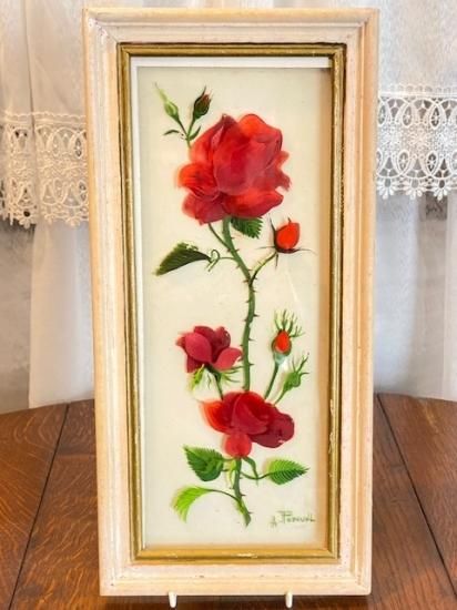 絵　バラ 薔薇の絵・志村好子「薔薇」（赤色）・油絵・F6変形丸型