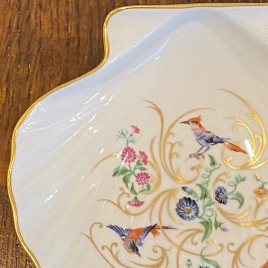 フランス リモージュ シェル型プレート 金彩・鳥・花柄 ピンク フランス リモージュ シェル型プレート 金彩・鳥・花柄 ピンク