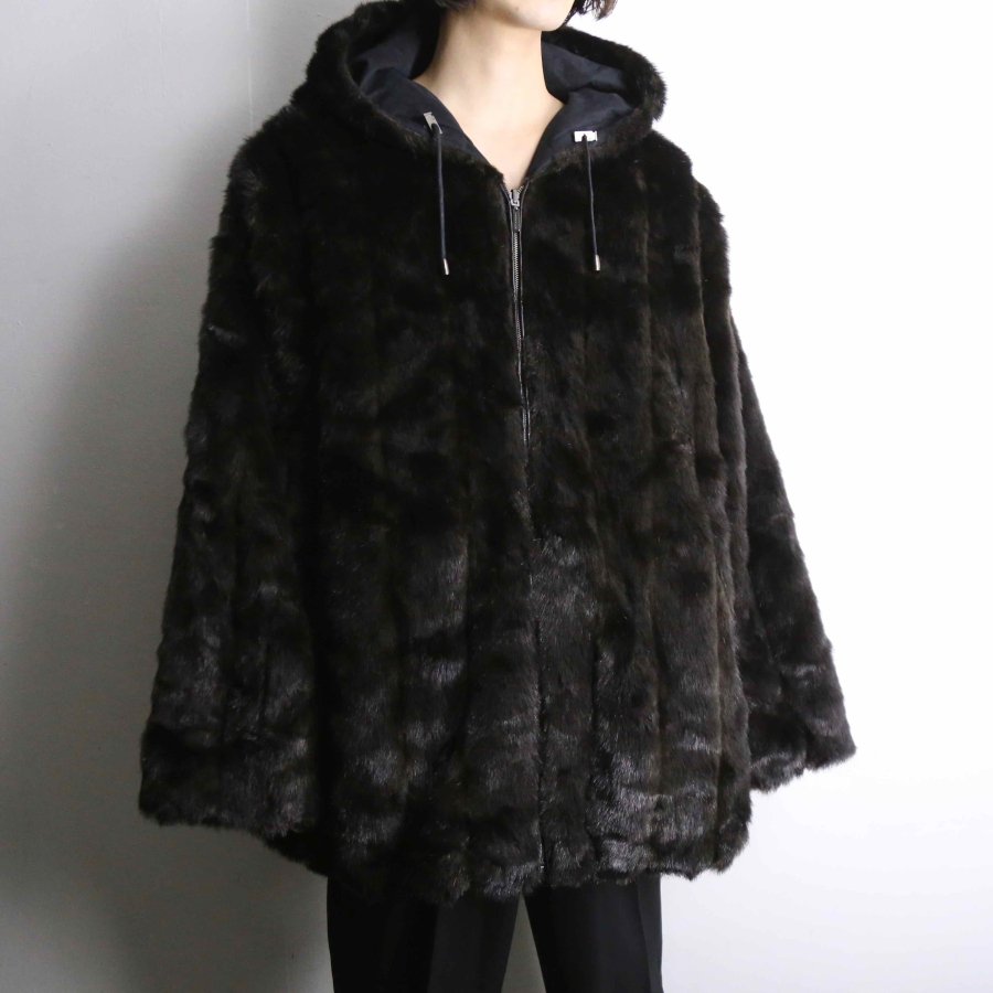 iot】black fake fur hoodie design reversible jacket - iot