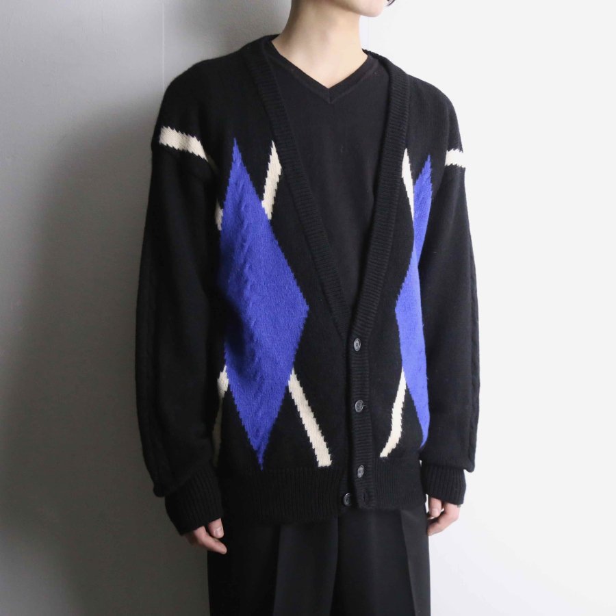 【iot】big rhombus pattern wool knit cardigan
