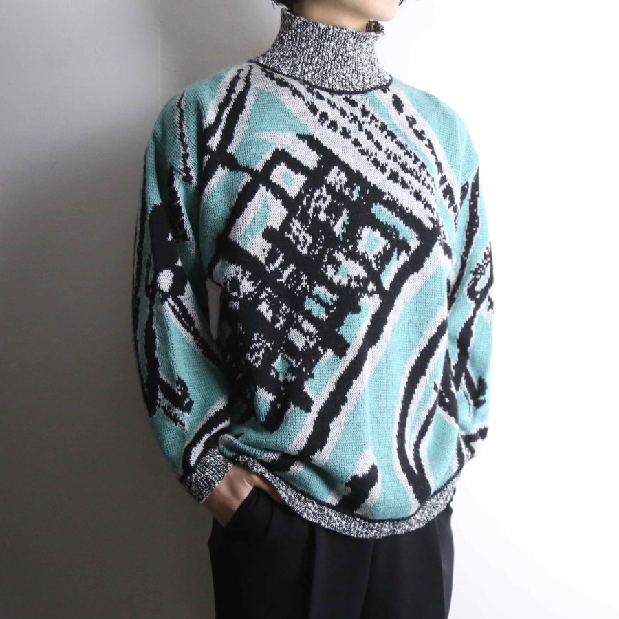 【iot】emerald green geometric pattern high neck knit
