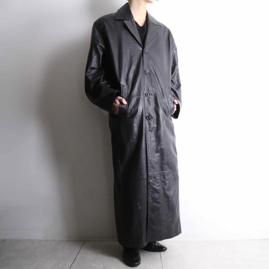 【iot】black smooth real leather super long coat