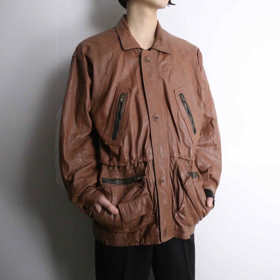 【iot】waist drawcord leather coverall jacket