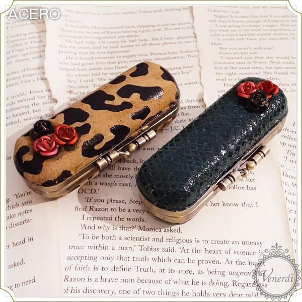 リップケース レザー オリジナル ハンドメイド 本革 印鑑ケース ローズ