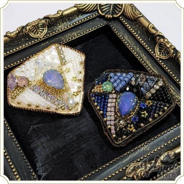 ジェム型 ブローチ ブラック ホワイト ダイヤ ジュエリー 刺繍