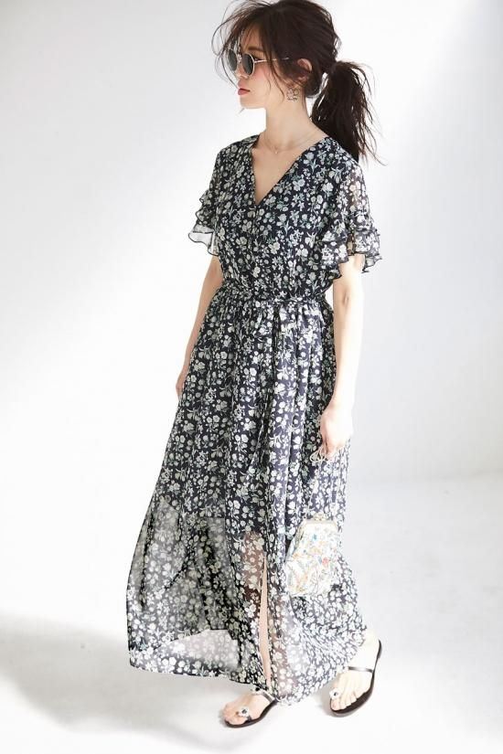 20%OFF】フローラルシフォンロングドレス(ライトグリーン