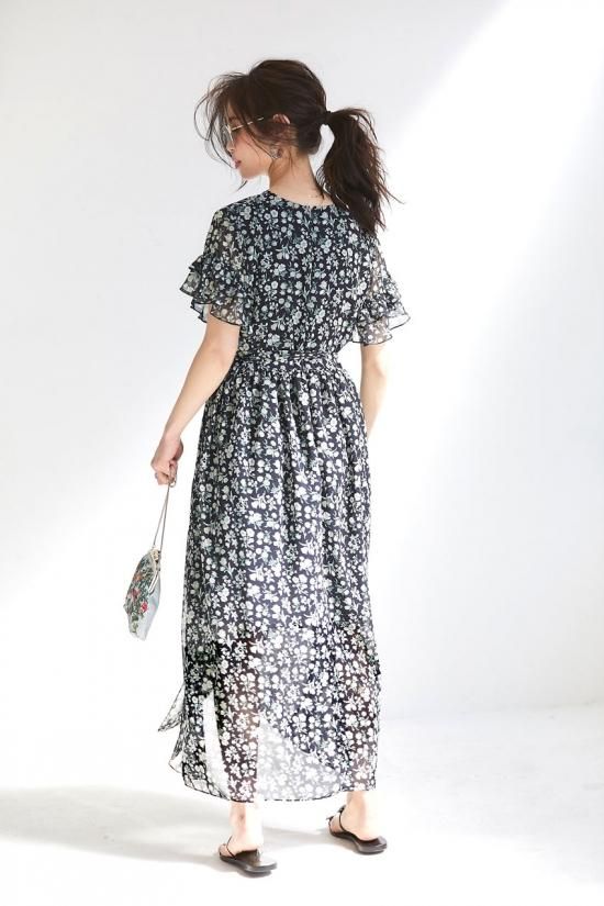 フラワーシフォンマキシドレス