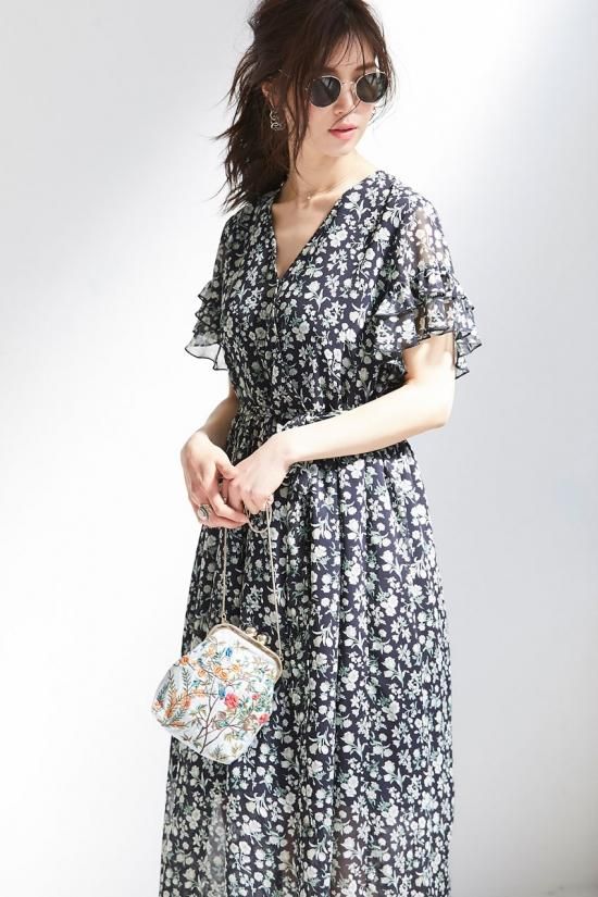 20%OFF】フローラルシフォンロングドレス(ライトグリーン