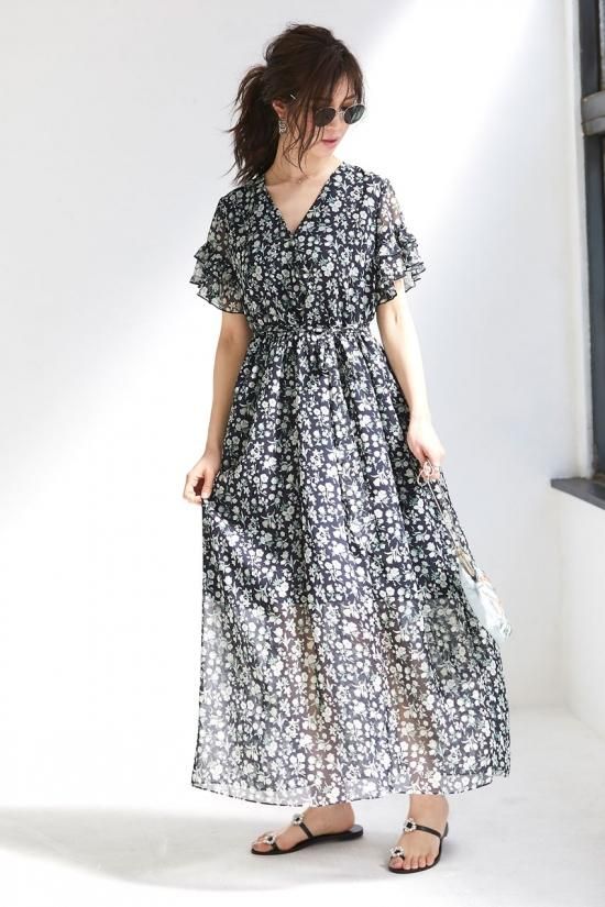 seventen セブンテンフラワーシフォンマキシドレスM