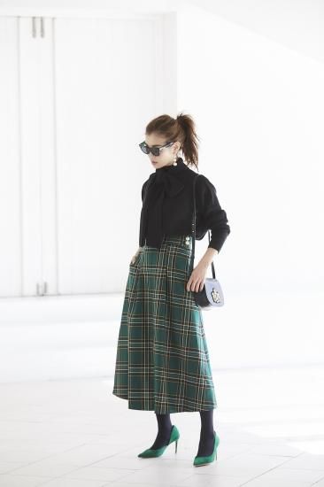SEVENTEN パールボタンチェックスカート グリーン M セブンテン パールボタンチェックスカート -seventen-