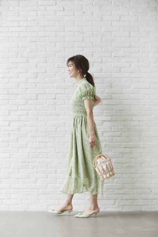 20%OFF】フローラルシフォンロングドレス(ライトグリーン) - seventen