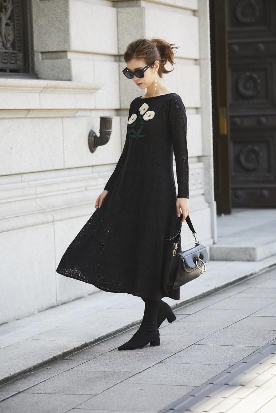 クロッシェフラワーニットドレス(ブラック) - seventen