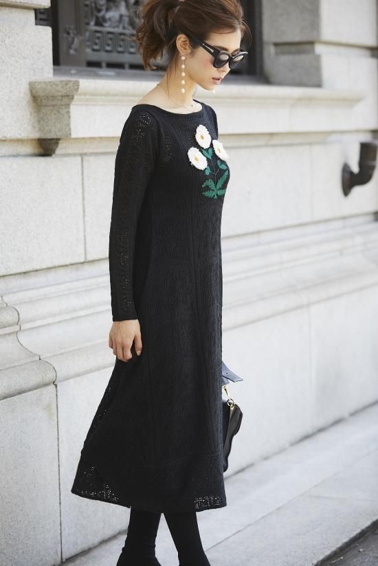 クロッシェフラワーニットドレス(ブラック) - seventen