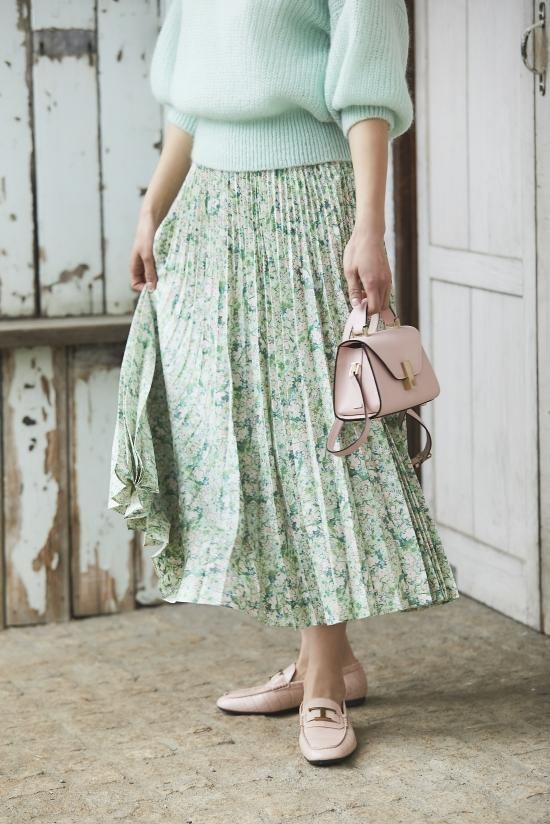 フラワープリーツスカート(ライトグリーン) - seventen