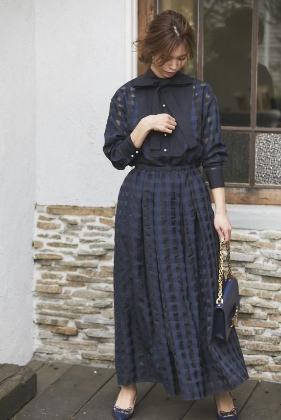 再入荷】シースルーギンガムスカート(ネイビー) - seventen