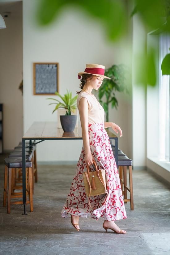 新品セブンテンSEVENTENヴィンテージプリントタックスカート　レッド　赤　M ヴィンテージプリントタックスカート(レッド) - seventen