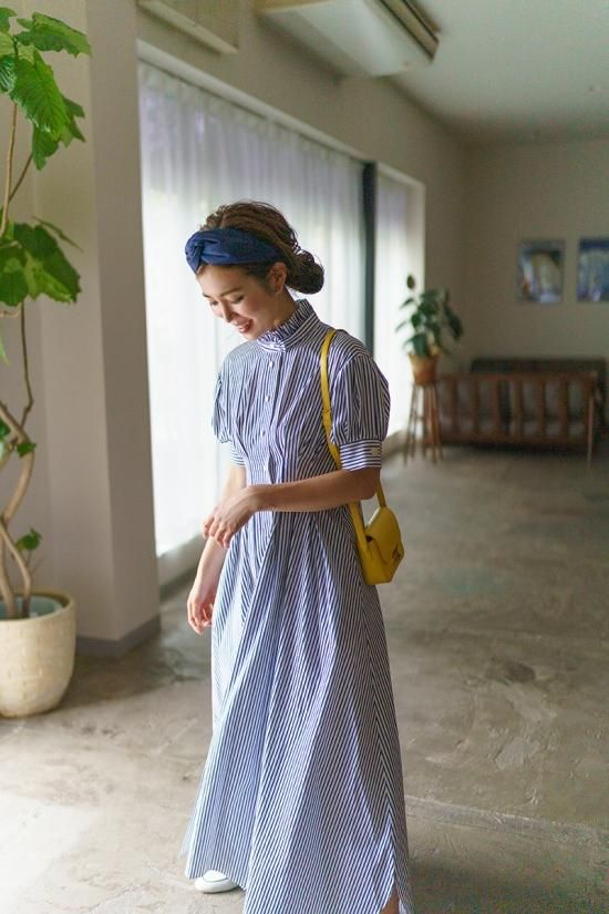 再入荷】スタンドカラーストライプシャツドレス(ネイビー