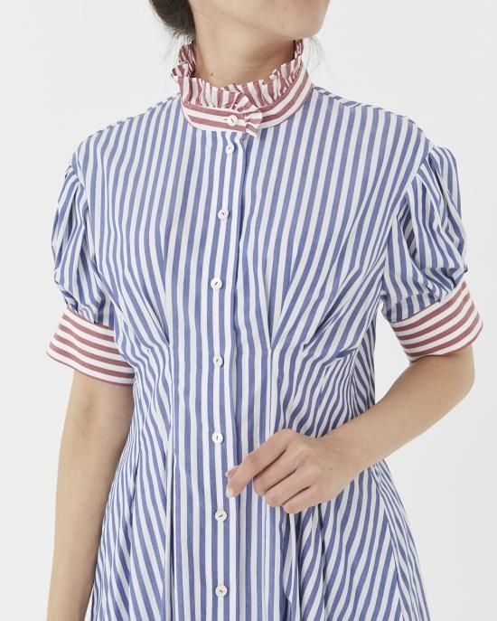 再入荷】スタンドカラーストライプシャツドレス(ライトブルー