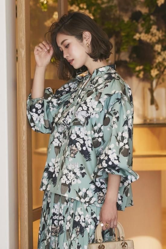 SEVEN TEN×KEITAMARUYAMA 夜の花プリントブラウス(ミント