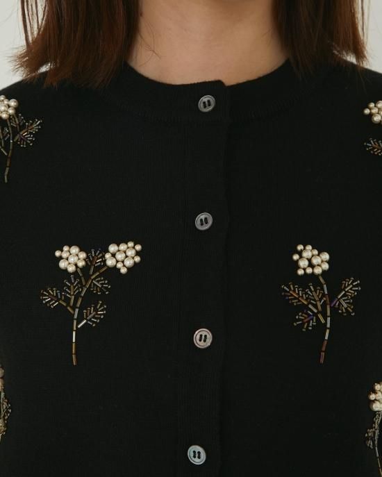 SEVENTEN パールモチーフカーディガン 黒 Sフラワー美品
