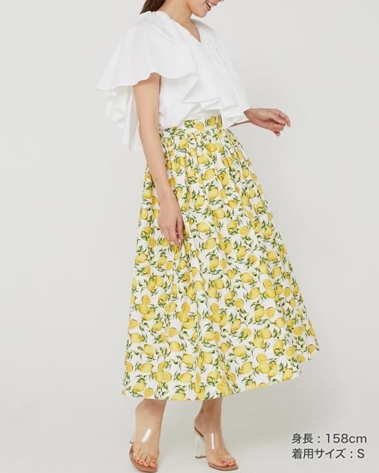 【新品】seventenbymihokawahitoレモンスカートベージュXS 40％off】レモンプリントスカート(ネイビー) - seventen
