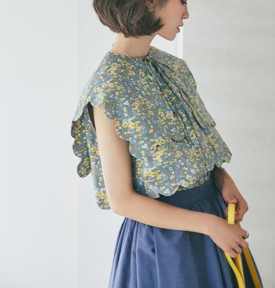 再入荷】襟付きスカラップトップス/ネイビー(無地) - seventen