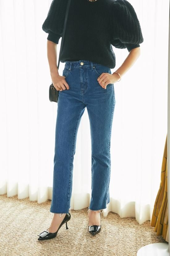 再入荷】ハイライズスリムストレートデニムパンツ(インディゴ 再入荷】ハイライズスリムストレートデニムパンツ(インディゴ