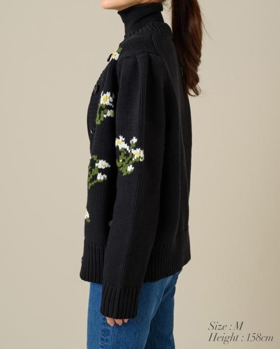 フラワージャガードカーディガン(ブラック×オフホワイト) - seventen